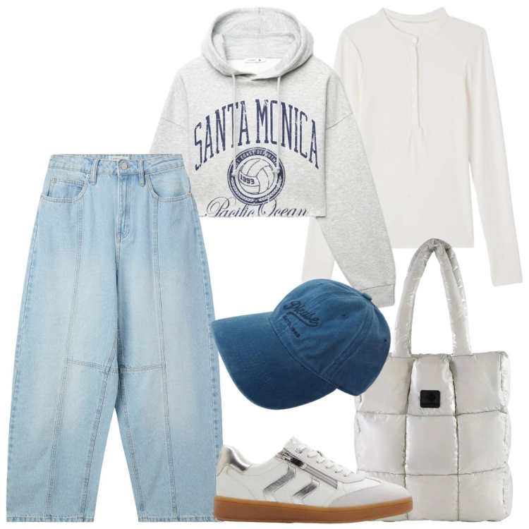 Outfit donna - Denim chiaro di primavera. Stile Casual per Tutti i giorni. Abbinamento con sneakers, jeans, felpe con cappuccio, t-shirt, cappelli, shopping bag.