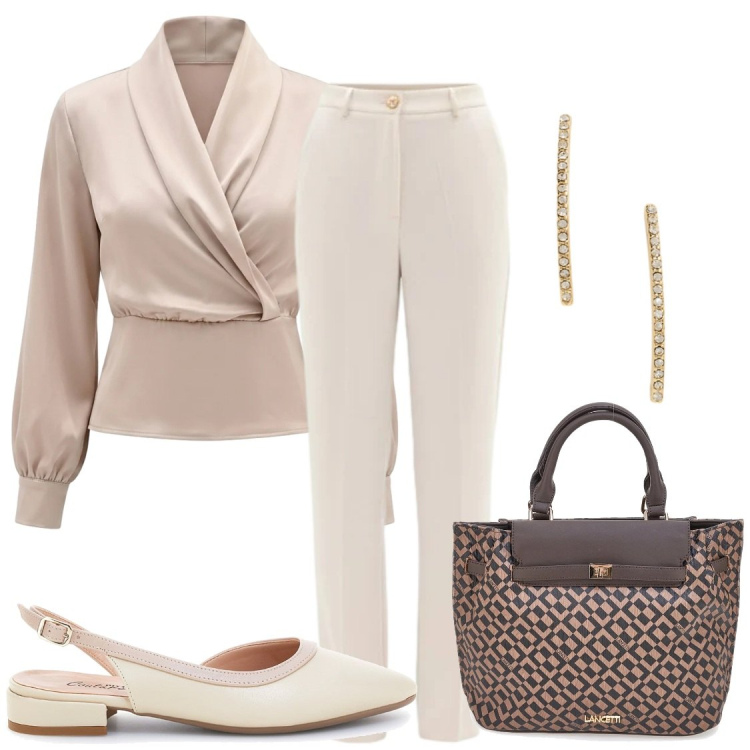 Outfit donna - Intramontabile. Stile Bon Ton per Ufficio. Abbinamento con pantaloni, bluse, orecchini, borse a mano, sandali.