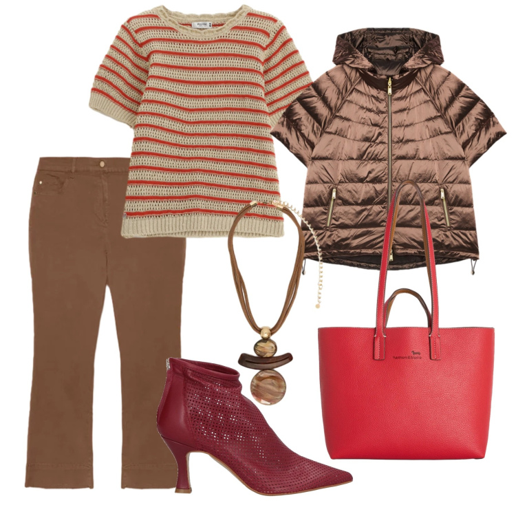 Outfit donna - Primavera casual chic. Stile Casual chic per Scuola/Università. Abbinamento con stivaletti, piumini, pantaloni, ciondoli, t-shirt, shopping bag.