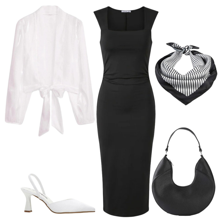 Outfit donna - Total look #2387660. Stile Chic per Cerimonia. Abbinamento con bolero, foulard, décolleté, borse a mano, vestiti midi/longuette.