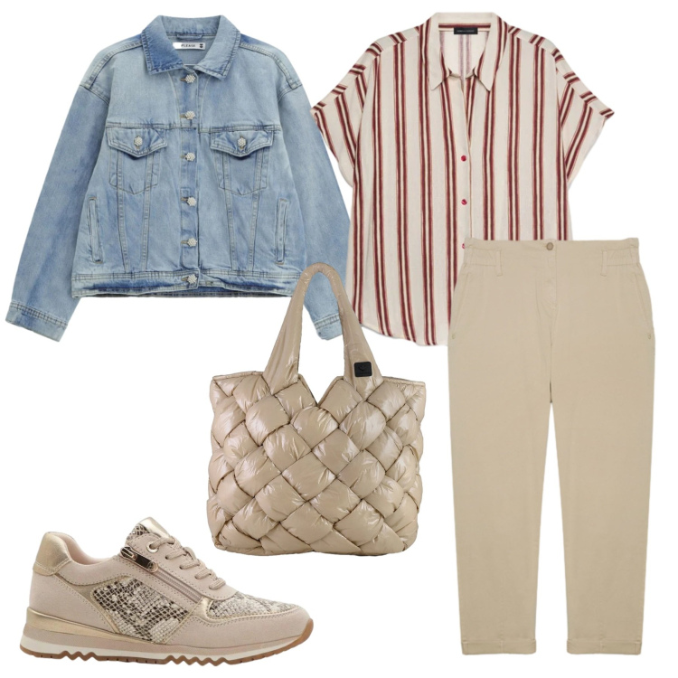 Outfit donna - In primavera. Stile Casual per Scuola/Università. Abbinamento con sneakers, camicie a manica corta, pantaloni, blazer, borse tote.