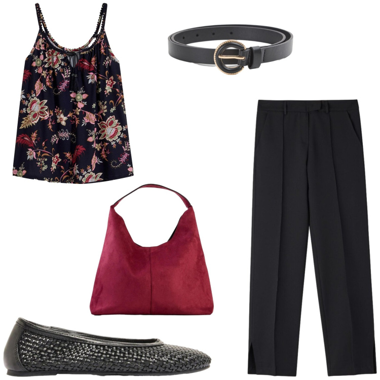 Outfit donna - Stampe orientali. Stile Glamour per Tutti i giorni. Abbinamento con top, borse a spalla, ballerine, pantaloni, cinture.