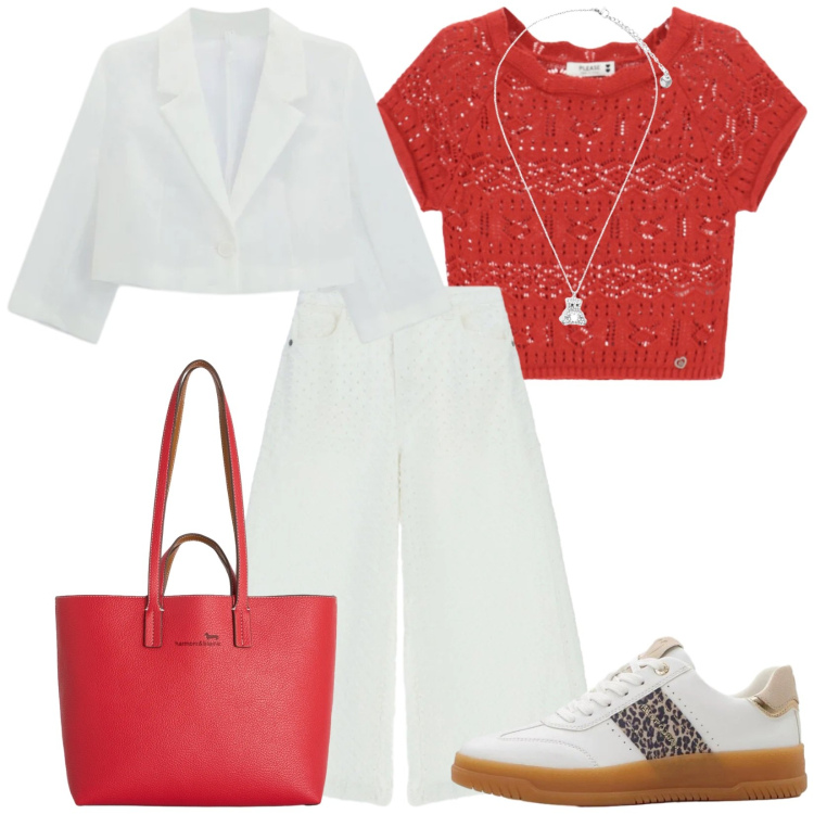 Outfit donna - Total look #2387664. Stile Casual chic per Tutti i giorni. Abbinamento con sneakers, blazer, top, pantaloni a palazzo, shopping bag, ciondoli.