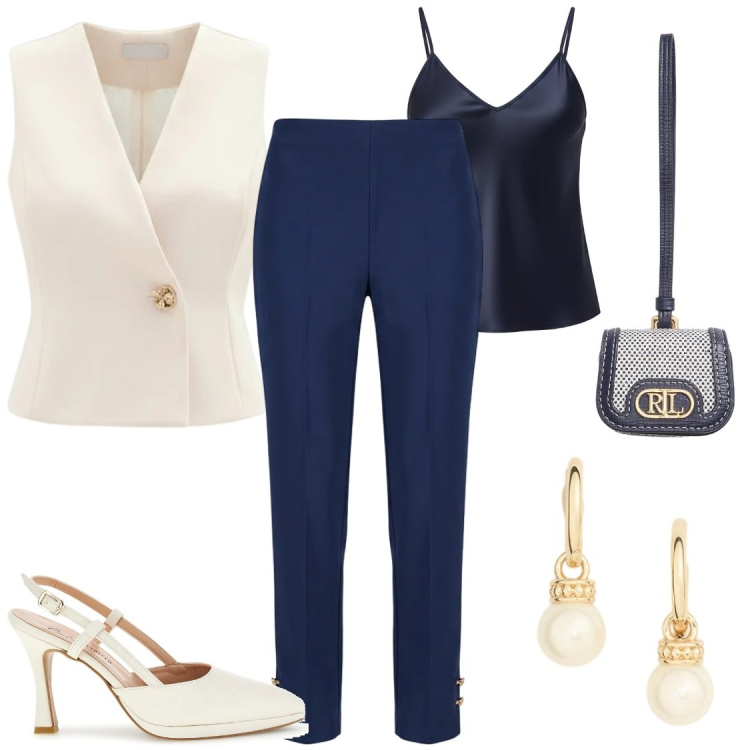 Outfit donna - Sinfonia di blu e avorio. Stile Bon Ton per Cerimonia. Abbinamento con gilet, canottiere, pantaloni, orecchini, pochette, décolleté.