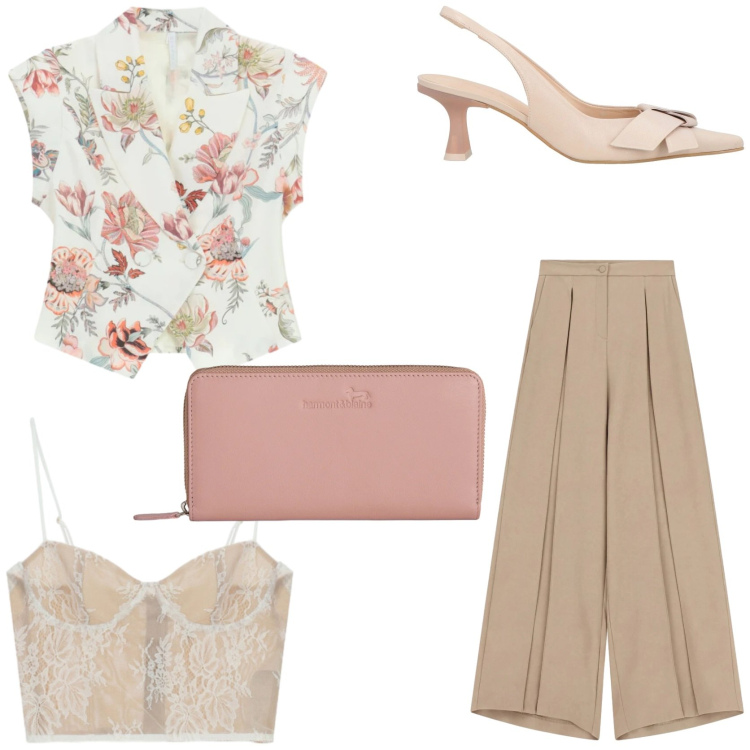 Outfit donna - Cerimonia romantica. Stile Romantica per Cerimonia. Abbinamento con décolleté, gilet, canottiere, pantaloni a palazzo, portafogli.