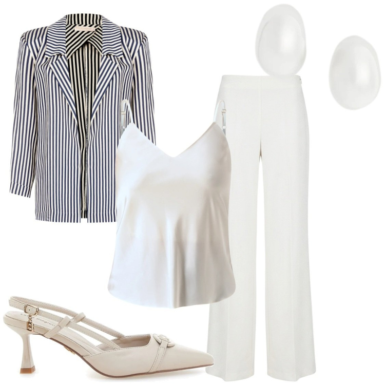 Outfit donna - Riviera Chic Total White. Stile Chic per Ufficio. Abbinamento con top, blazer, pantaloni a palazzo, orecchini, décolleté.
