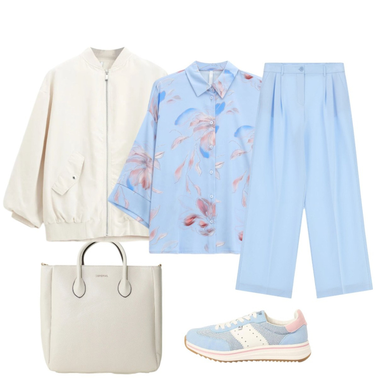 Outfit donna - In città. Stile Casual chic per Tutti i giorni. Abbinamento con sneakers, camicie, pantaloni a palazzo, bomber, borse a tracolla.