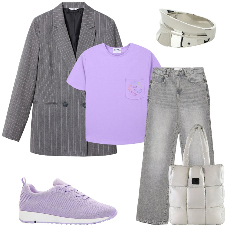 Outfit donna - City. Stile Urban per Tutti i giorni. Abbinamento con sneakers, t-shirt, blazer, jeans dritti, braccialetti, shopping bag.