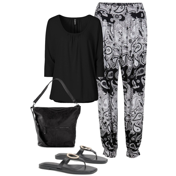 Outfit femme - Pantalon imprimé paisley. Style Boho pour Tous les jours. Assortir avec t-shirts, pantalon , sacs à main, mules.