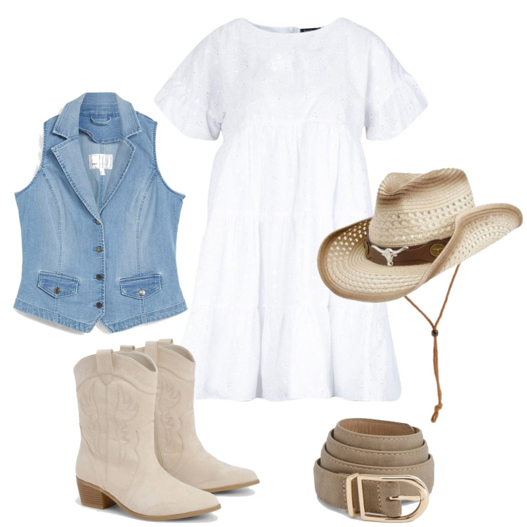 Outfit femme - Cow Girl. Style Boho pour Tous les jours. Assortir avec gilets sans manche, combinaisons, chapeaux, bottes, ceintures.