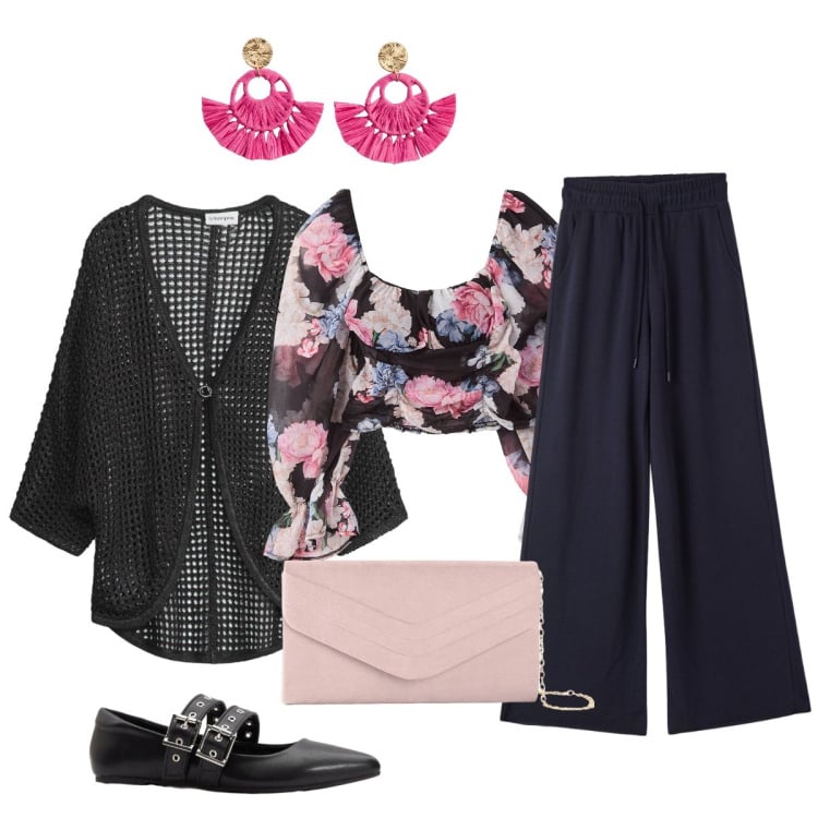 Outfit donna - Serata. Stile Glamour per Serata fuori. Abbinamento con pochette, orecchini, cardigans, ballerine, bluse, pantaloni.