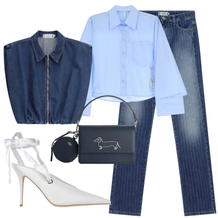 Outfit donna - Total look denim. Stile Casual chic per Tutti i giorni. Abbinamento con décolleté, camicie, jeans, gilet, borse a tracolla.