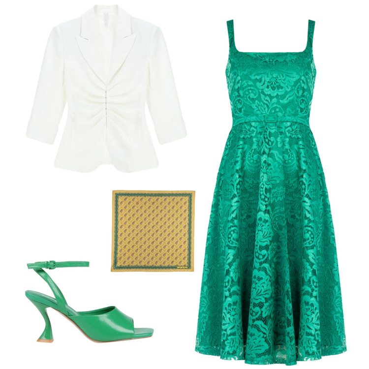 Outfit donna - Romantica chic cerimonia evento serata. Stile Romantica per Cerimonia. Abbinamento con sandali in pelle, sciarpe, blazer, vestiti midi/longuette.