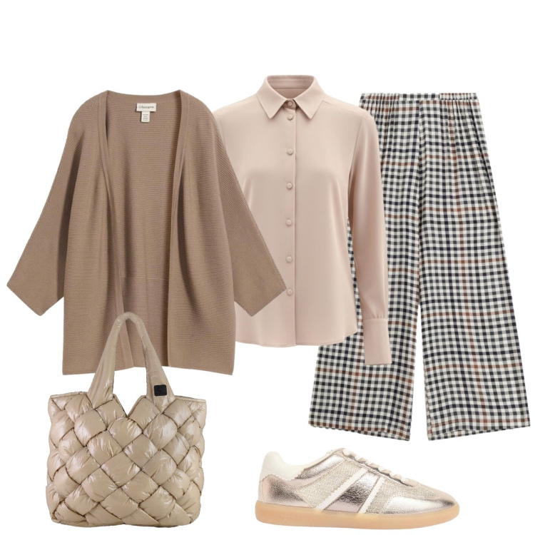 Outfit donna - Bon ton in ufficio. Stile Bon Ton per Ufficio. Abbinamento con sneakers, cardigans, pantaloni a palazzo, camicie, borse tote.