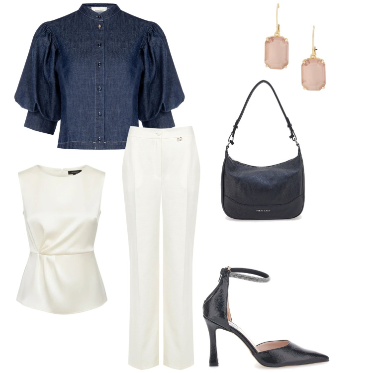 Outfit donna - Rinascimento Spring Elegance. Stile Casual chic per Cerimonia. Abbinamento con bluse, pantaloni a palazzo, camicie a manica corta, orecchini, décolleté, borse a tracolla.