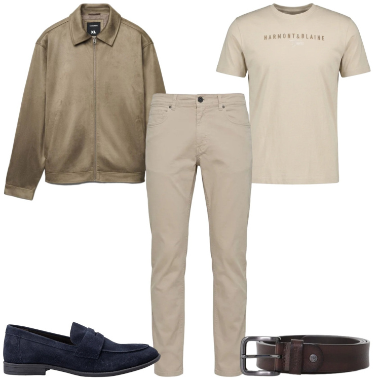 Outfit uomo - Smart casual primaverile. Stile Casual per Tutti i giorni. Abbinamento con giacche, cinture, pantaloni, t-shirt, scarpe stringate.