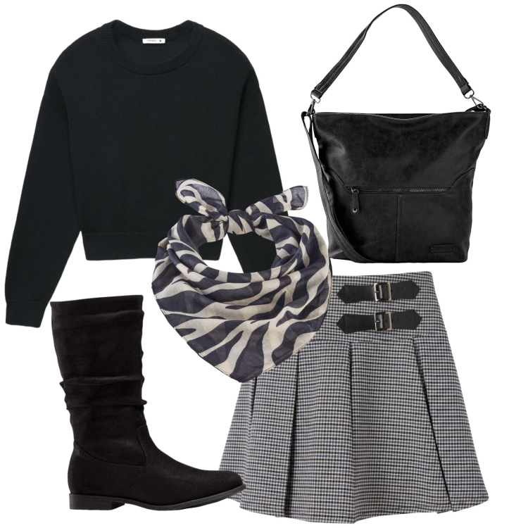 Outfit donna - Total look #2387691. Stile Bon Ton per Ufficio. Abbinamento con borse a spalla, stivali, foulard, minigonne, maglieria.