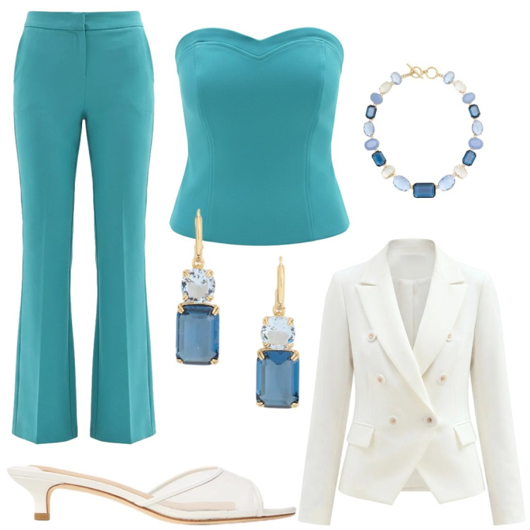 Outfit donna - Eclissi Marina e Luce Avorio. Stile Bon Ton per Cerimonia. Abbinamento con blazer, pantaloni a palazzo, top, orecchini, collane, sabot.