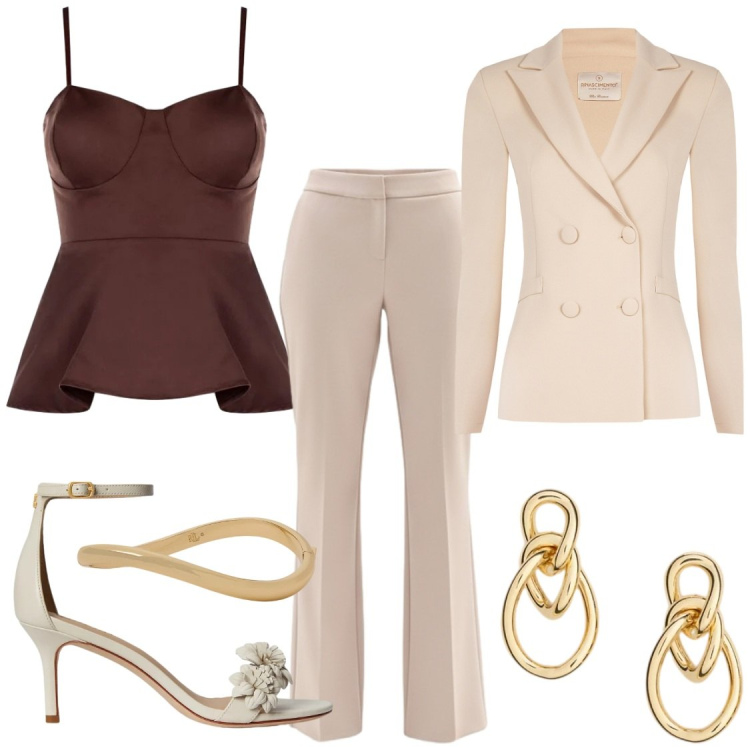 Outfit donna - Essenza di Caffè e Seta. Stile Bon Ton per Cerimonia. Abbinamento con blazer, canottiere, pantaloni, orecchini, braccialetti, sandali in pelle.