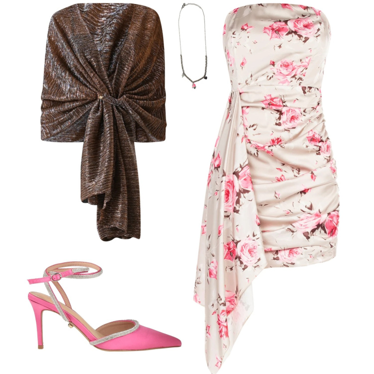 Outfit donna - Primavera chic evento serata cerimonia. Stile Chic per Serata fuori. Abbinamento con décolleté, stole, vestiti corti, ciondoli.