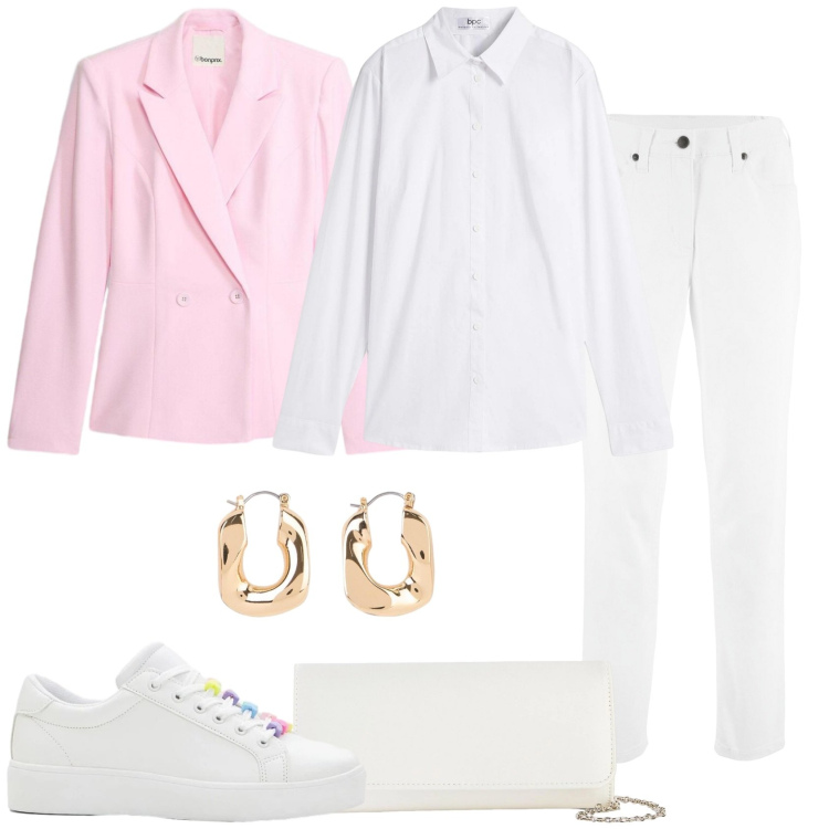 Outfit donna - In chiaro per maggio. Stile Casual chic per Tutti i giorni. Abbinamento con pantaloni, camicie, orecchini, sneakers, pochette, blazer.