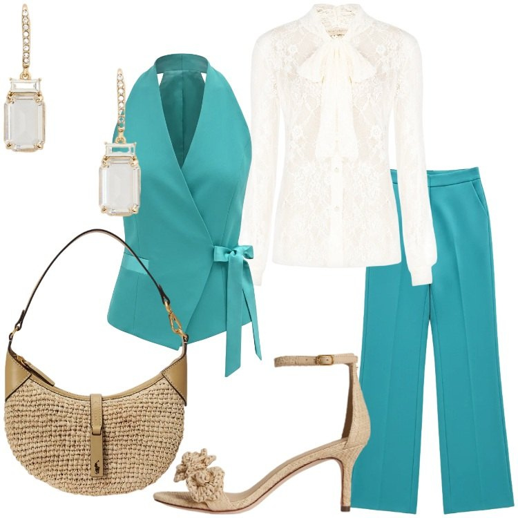 Outfit donna - Rinascimento Spring Elegance. Stile Chic per Cerimonia. Abbinamento con gilet, pantaloni a palazzo, camicie, orecchini, sandali in pelle, borse a spalla.