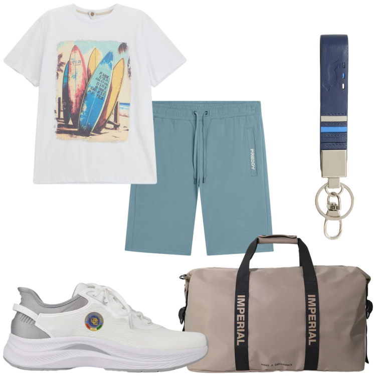 Outfit uomo - Le chiavi di casa del mare. Stile Casual per Tutti i giorni. Abbinamento con t-shirt, borse sportive, portachiavi, pantaloni corti, scarpe sportive.