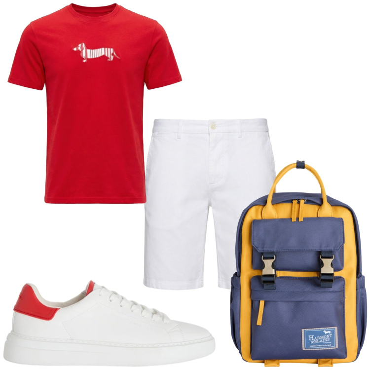 Outfit uomo - Pronto per il fine settimana. Stile Trendy per Tutti i giorni. Abbinamento con bermuda, borse sportive, sneakers, t-shirt.