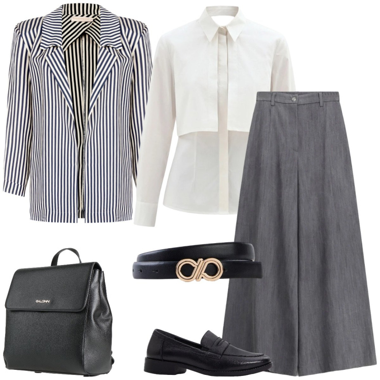 Outfit donna - Ufficio. Stile Chic per Ufficio. Abbinamento con zaini, mocassini, cinture, pantaloni a palazzo, camicie, blazer.