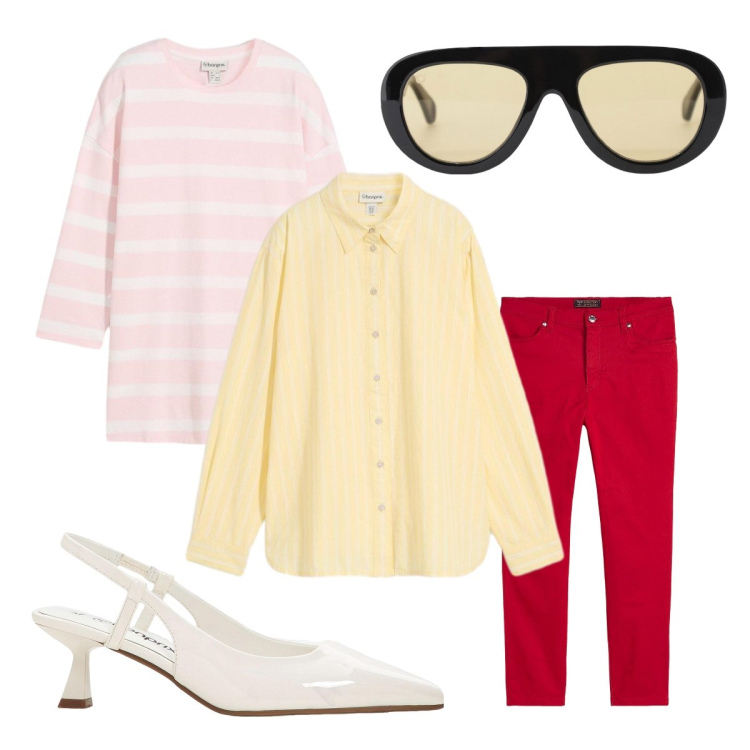Outfit donna - Aprile colorato. Stile Glamour per Tutti i giorni. Abbinamento con maglieria, pantaloni, décolleté, camicie, occhiali da sole.