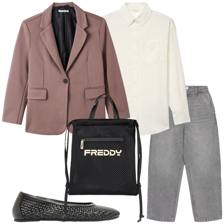 Outfit donna - Total look #2387719. Stile Casual chic per Tutti i giorni. Abbinamento con ballerine, blazer, jeans dritti, camicie, zaini.