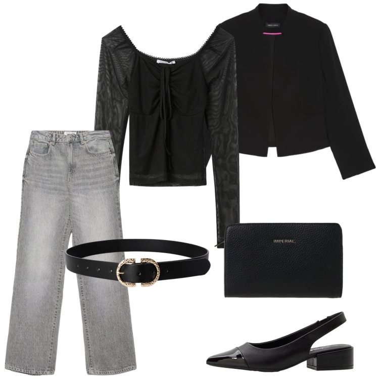 Outfit donna - Fuori casa. Stile Casual chic per Tutti i giorni. Abbinamento con décolleté, jeans dritti, t-shirt, cinture, borse a tracolla, blazer.