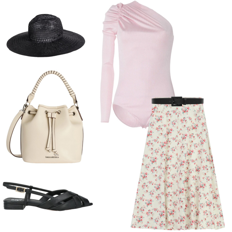 Outfit donna - Look di primavera. Stile Casual chic per Tutti i giorni. Abbinamento con cappelli, body, sandali in pelle, gonne lunghe, cinture, borse a secchiello.