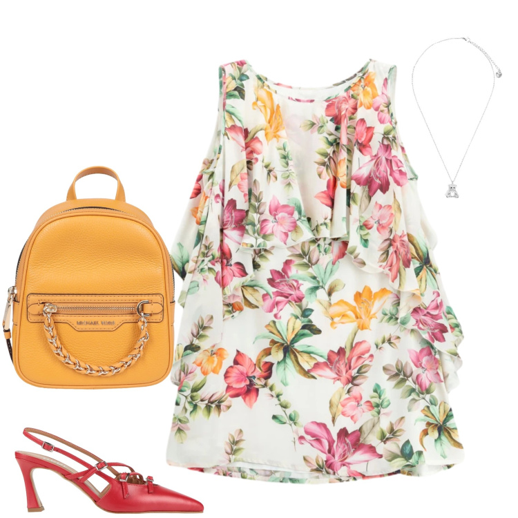 Outfit donna - Sinfonia di Primavera. Stile Casual chic per Tutti i giorni. Abbinamento con zaini, décolleté, vestiti corti, ciondoli.