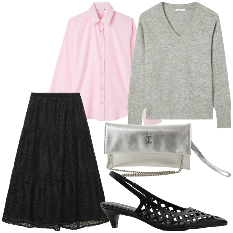 Outfit donna - Camicia e gonna. Stile Casual per Ufficio. Abbinamento con décolleté, maglieria, gonne lunghe, camicie, borse a tracolla.