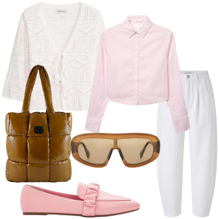 Outfit donna - Gli occhiali sportivi. Stile Basic per Ufficio. Abbinamento con cardigans, mocassini, pantaloni, camicie, occhiali da sole, shopping bag.