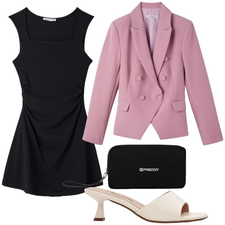 Outfit donna - Bon ton basic. Stile Glamour per Serata fuori. Abbinamento con ciabatte, vestiti, blazer, valigie.