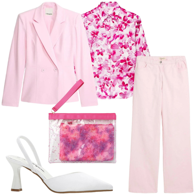 Outfit donna - Completo pink. Stile Basic per Ufficio. Abbinamento con blazer, décolleté, pantaloni a palazzo, camicie, pochette.