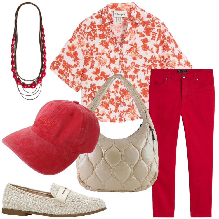Outfit donna - Camicia bouquet. Stile Casual per Tutti i giorni. Abbinamento con camicie a manica corta, pantaloni, mocassini, collane, cappelli, borse tote.