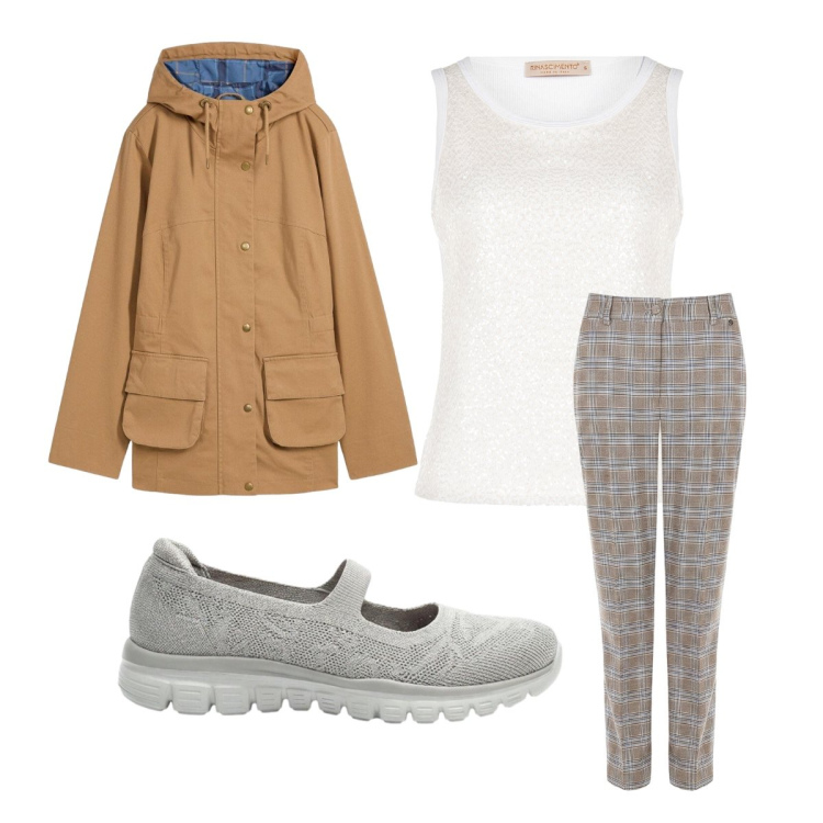 Outfit donna - Quadretti per la quotidianità. Stile Basic per Tutti i giorni. Abbinamento con parka, ballerine, canottiere, pantaloni.