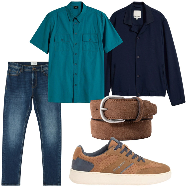 Outfit uomo - Camicia ottanio. Stile Casual per Tutti i giorni. Abbinamento con camicie a manica corta, bomber, sneakers, jeans skinny, cinture.