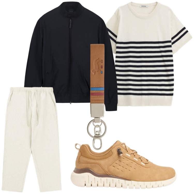 Outfit uomo - Stile casual. Stile Casual per Tutti i giorni. Abbinamento con sneakers, pantaloni, maglieria, portachiavi, bomber.