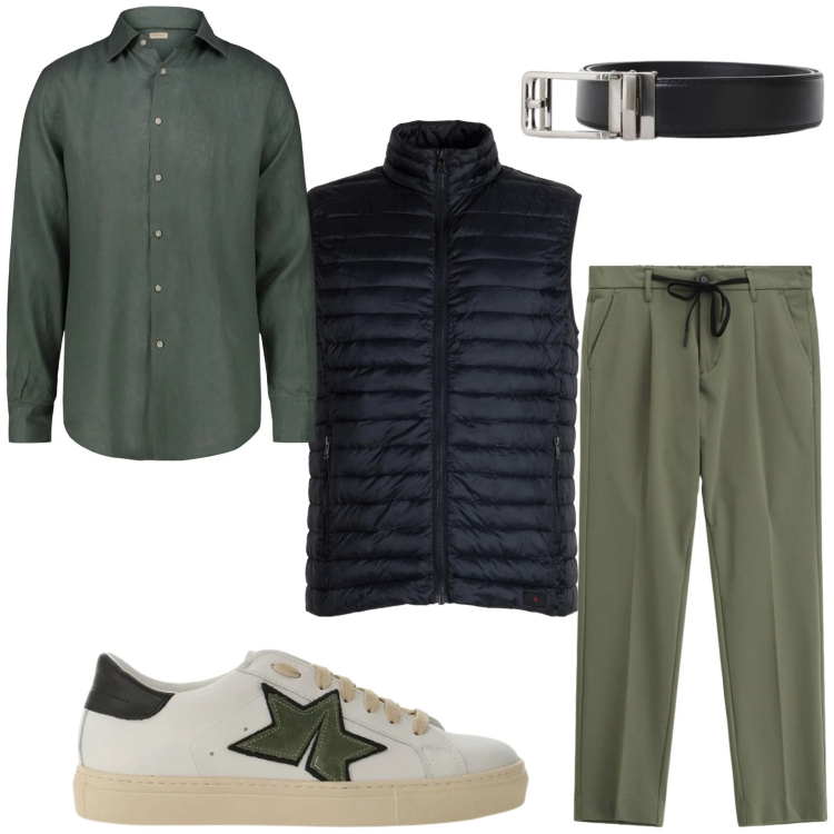 Outfit uomo - Smanicato. Stile Casual per Tutti i giorni. Abbinamento con sneakers, cinture, pantaloni, piumini, camicie.