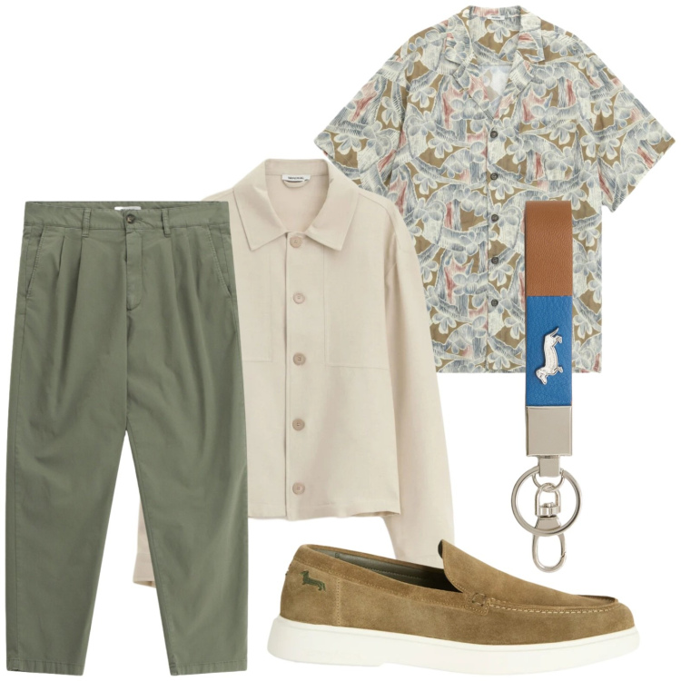 Outfit uomo - Effetto primavera. Stile Casual per Tutti i giorni. Abbinamento con camicie, pantaloni, camicie a manica corta, portachiavi, scarpe stringate.