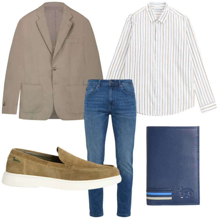 Outfit uomo - Capi primaverili. Stile Trendy per Ufficio. Abbinamento con camicie, portafogli, jeans slim fit, scarpe stringate, giacche.