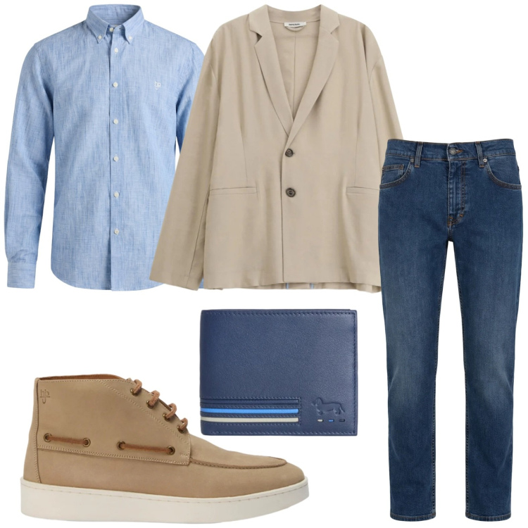 Outfit uomo - Capi leggeri. Stile Casual per Tutti i giorni. Abbinamento con giacche, jeans, portafogli, stivali e stivaletti, camicie.