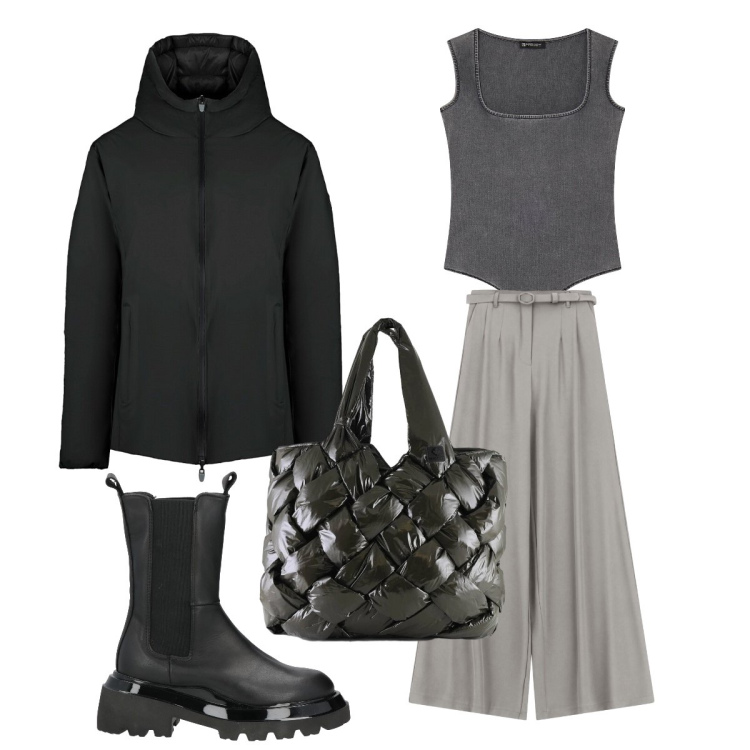 Outfit donna - Denim chiaro di primavera. Stile Minimal per Tutti i giorni. Abbinamento con stivaletti, pantaloni a palazzo, top, borse tote, eskimo.