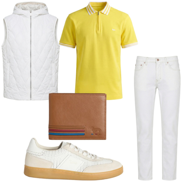 Outfit uomo - La polo limone. Stile Casual per Tutti i giorni. Abbinamento con jeans, sneakers, portafogli, polo, piumini.