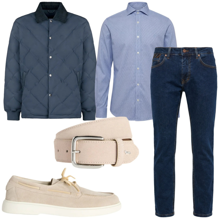 Outfit uomo - Tonalità navy. Stile Casual per Tutti i giorni. Abbinamento con scarpe stringate, cinture, pantaloni, camicie, giacche.