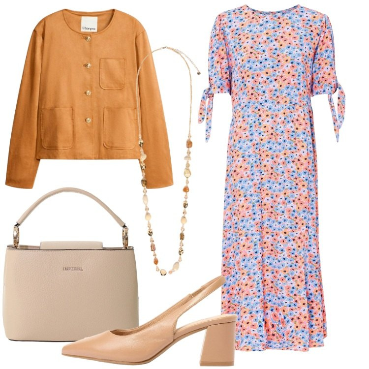 Outfit donna - Un abito per aprile - Focus Donna Curvy. Stile Romantica per Ufficio. Abbinamento con blazer, vestiti midi/longuette, décolleté, borse a secchiello, collane.